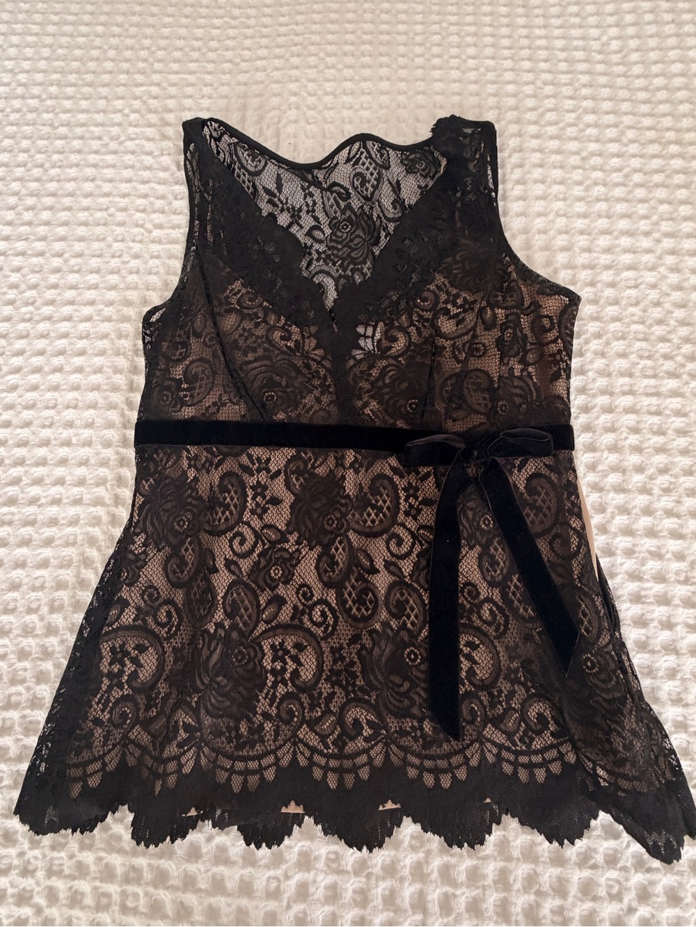 LOFT Black Lace Sleeveless V-Neck Tank with Velvet Waist Tie